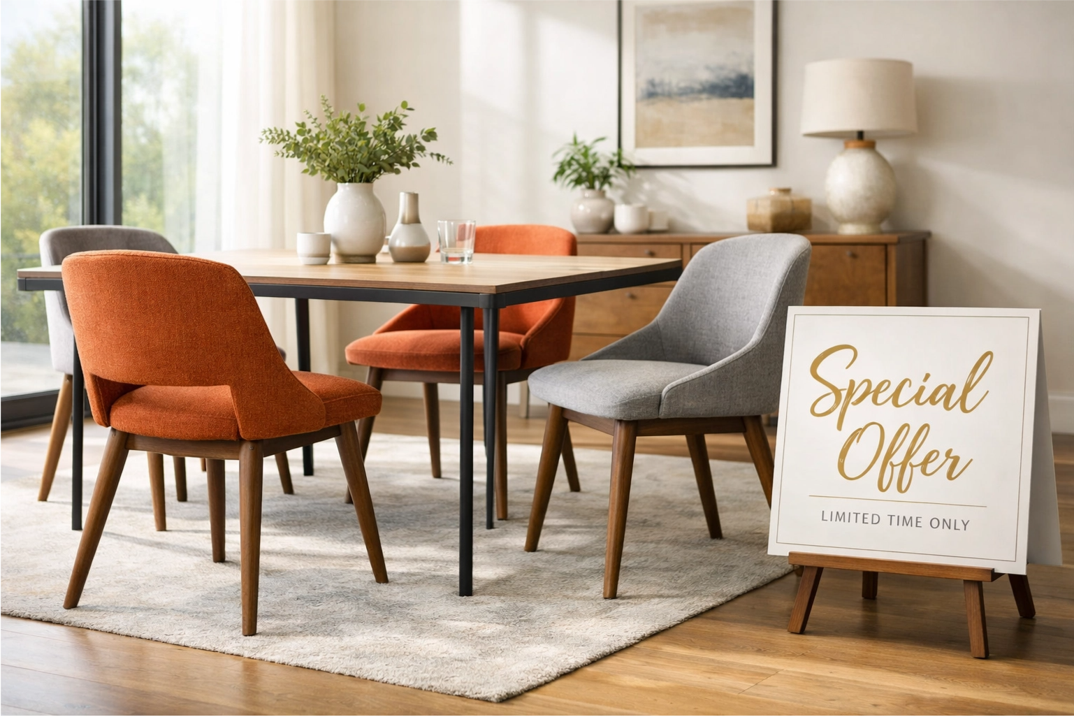 A stylish set of Mid-Century Modern dining chairs on sale in a bright, modern dining room