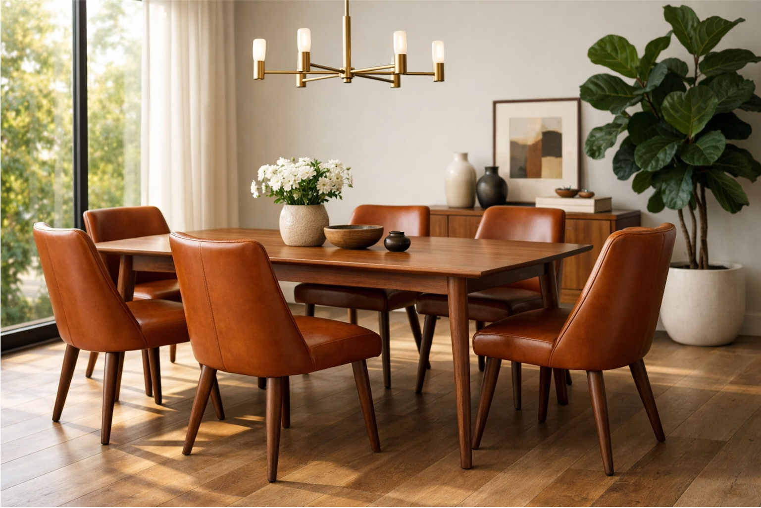 A stunning Mid-Century Modern dining room featuring elegant leather dining chairs