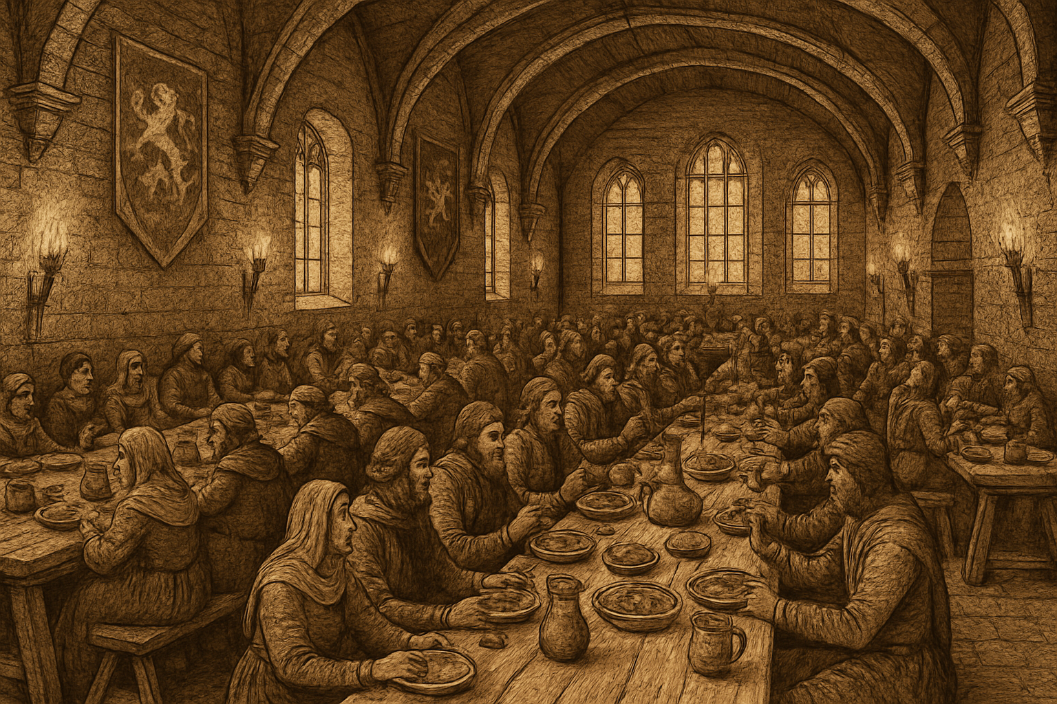 an illustration of a medieval hall with long trestle tables for a communal feast