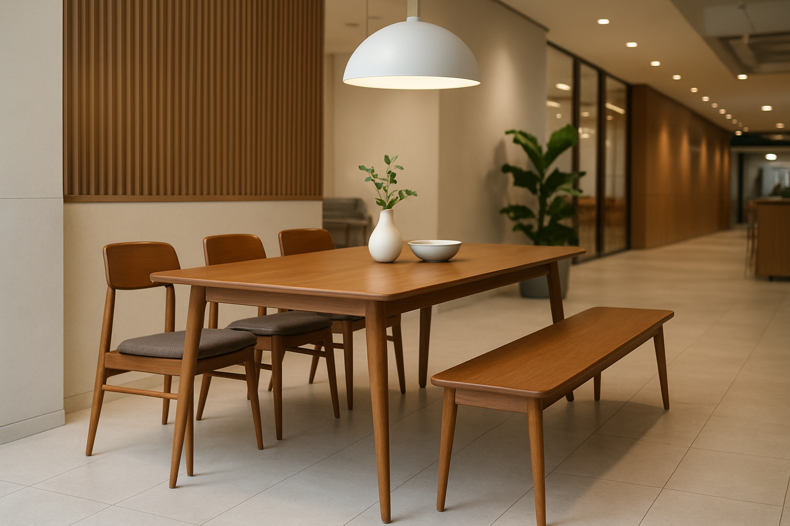 A stylish mid-century modern dining room featuring a sleek wooden table with three dining chairs on one side and a matching bench on the other