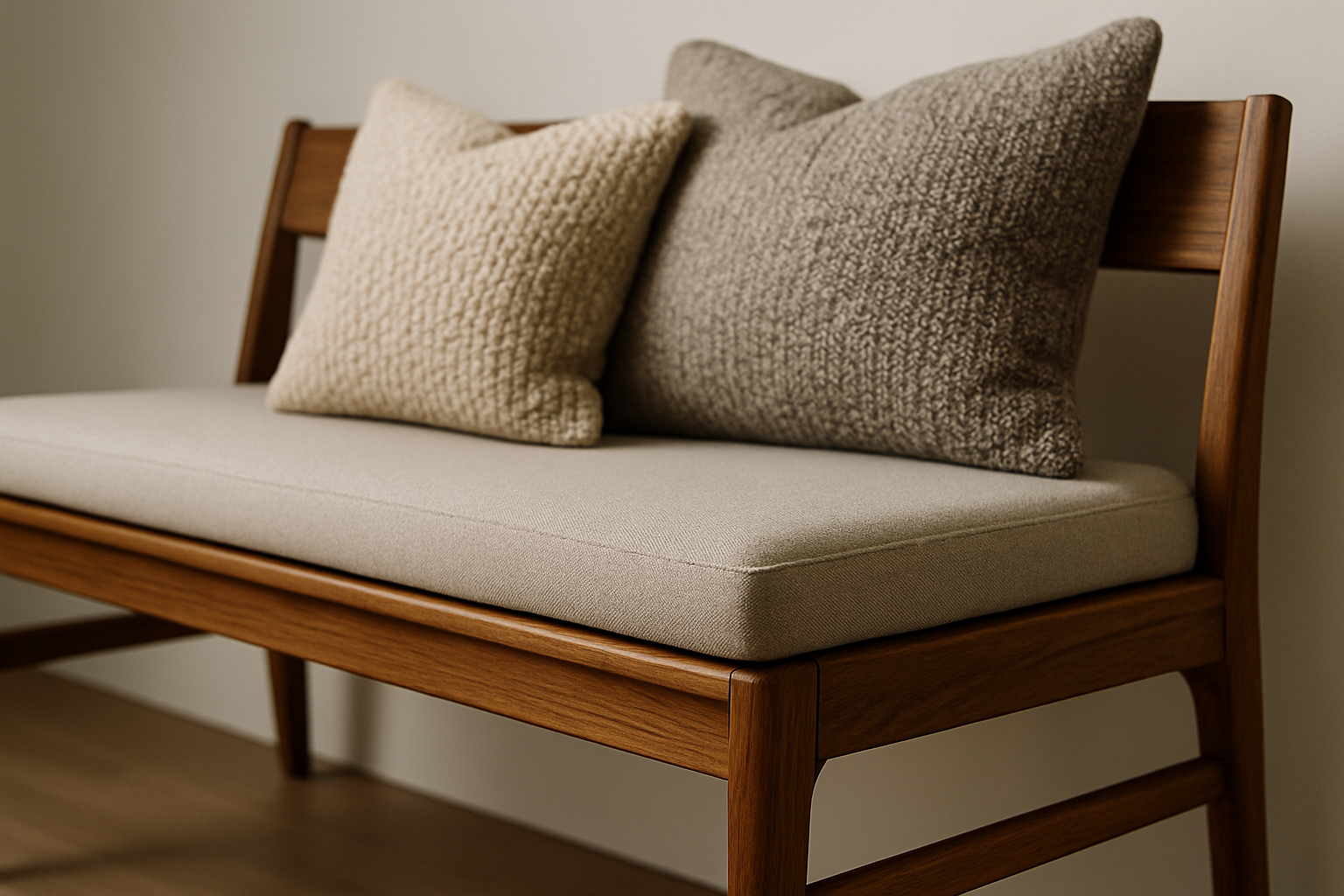A close-up of a stylishly styled mid-century bench with a sleek cushion and a couple of textured throw pillows