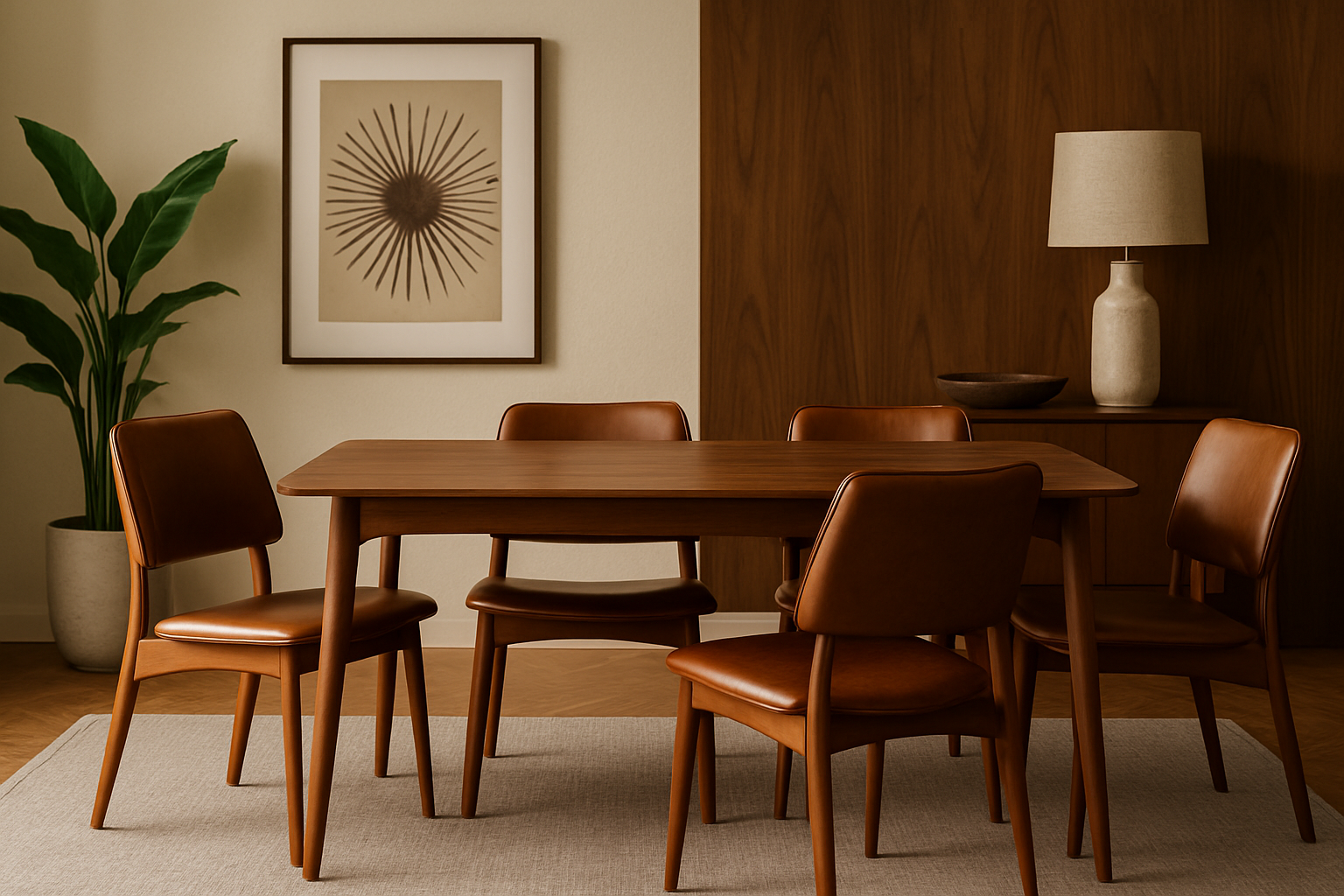 A stylish mid-century dining room with elegant faux leather chairs around a wooden table