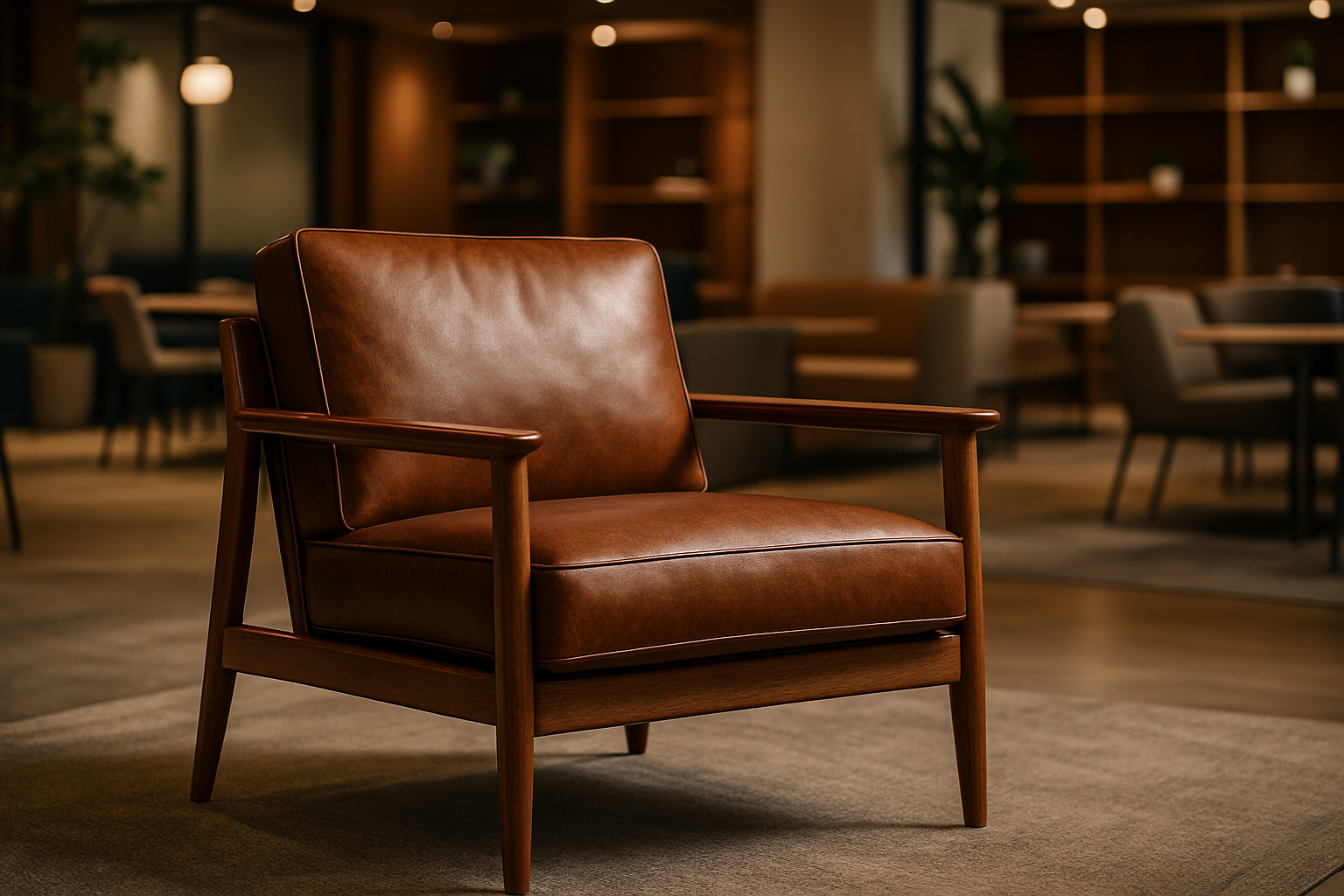 A stunning mid-century modern faux leather chair highlighted in a beautifully designed room