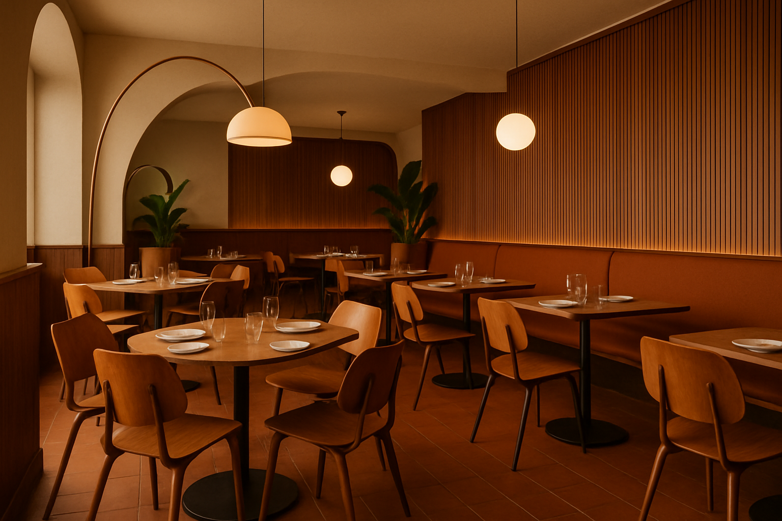 a restaurant with a distinct Mid-Century Modern design, featuring molded plywood chairs and clean lines