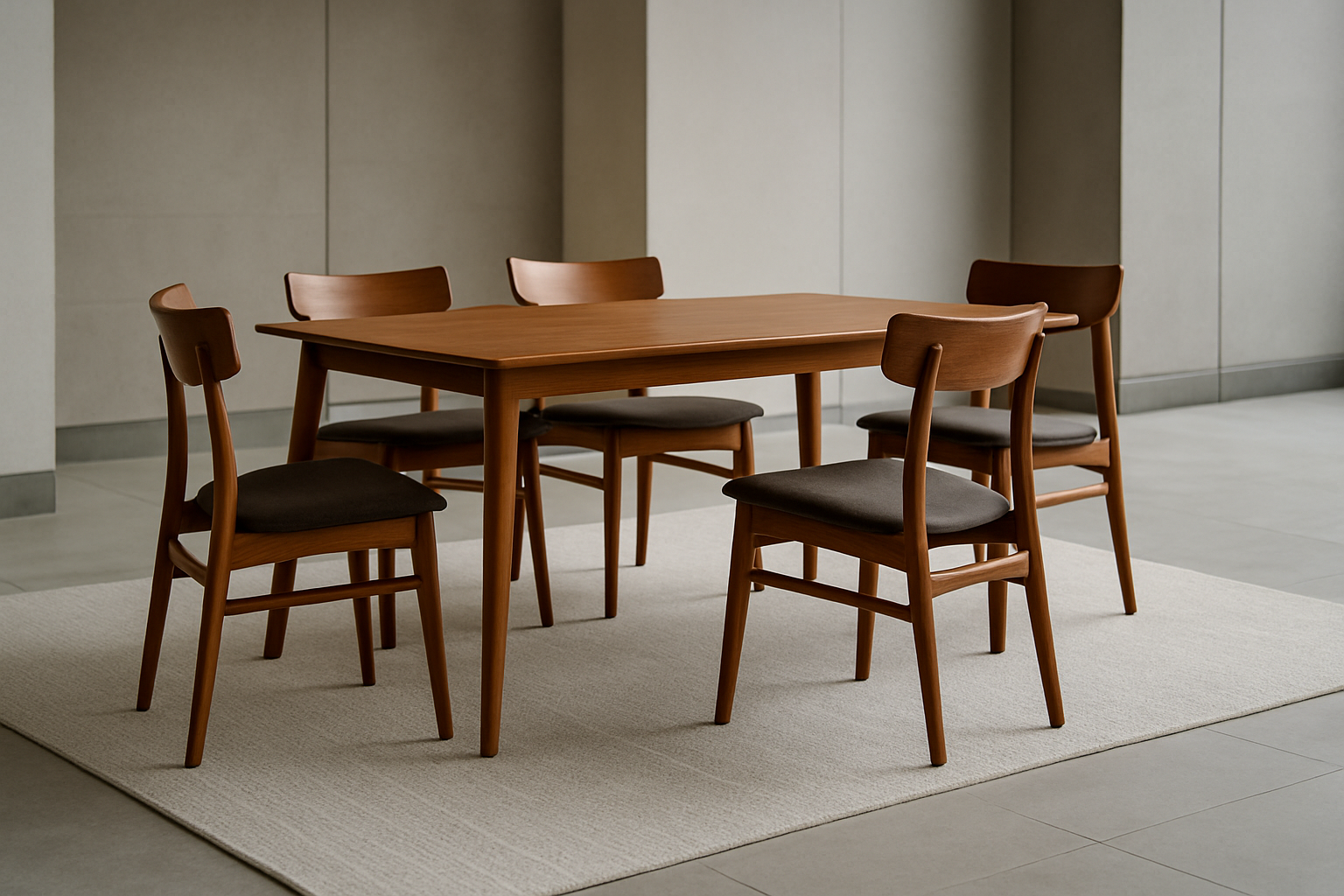 A mid-century dining set on a large, low-pile rug with a simple geometric pattern, showing all chair legs on the rug