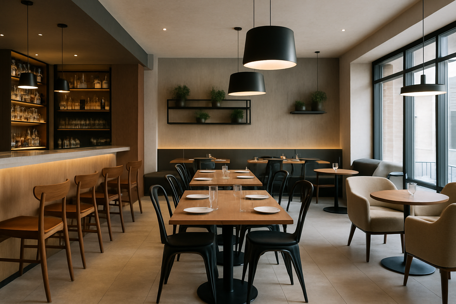 A restaurant interior showing a mix of wood, metal, and upholstered chairs