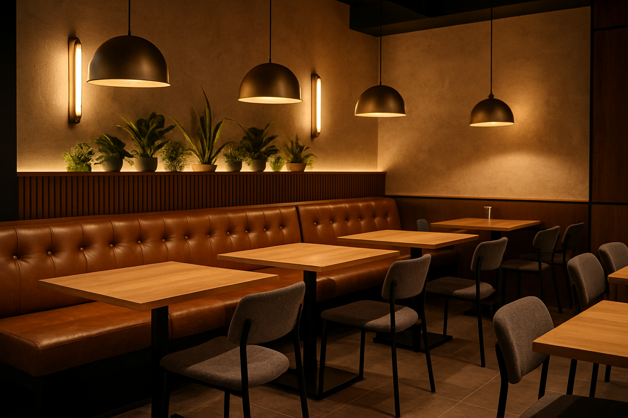 a stylish restaurant interior showcasing a mix of durable wood, metal, leather, and fabric furniture