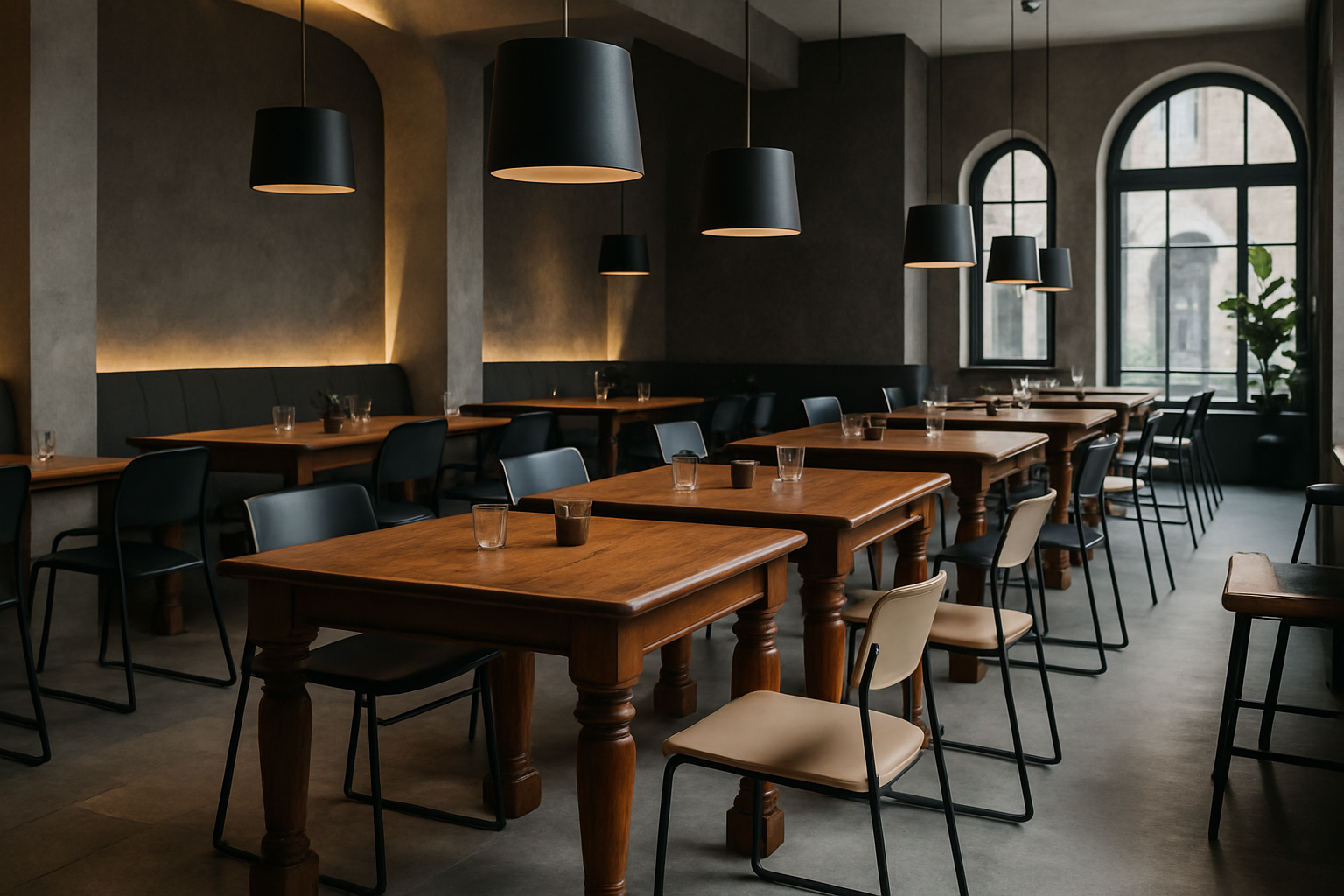 a stylish restaurant interior that successfully mixes modern chairs with traditional wooden tables