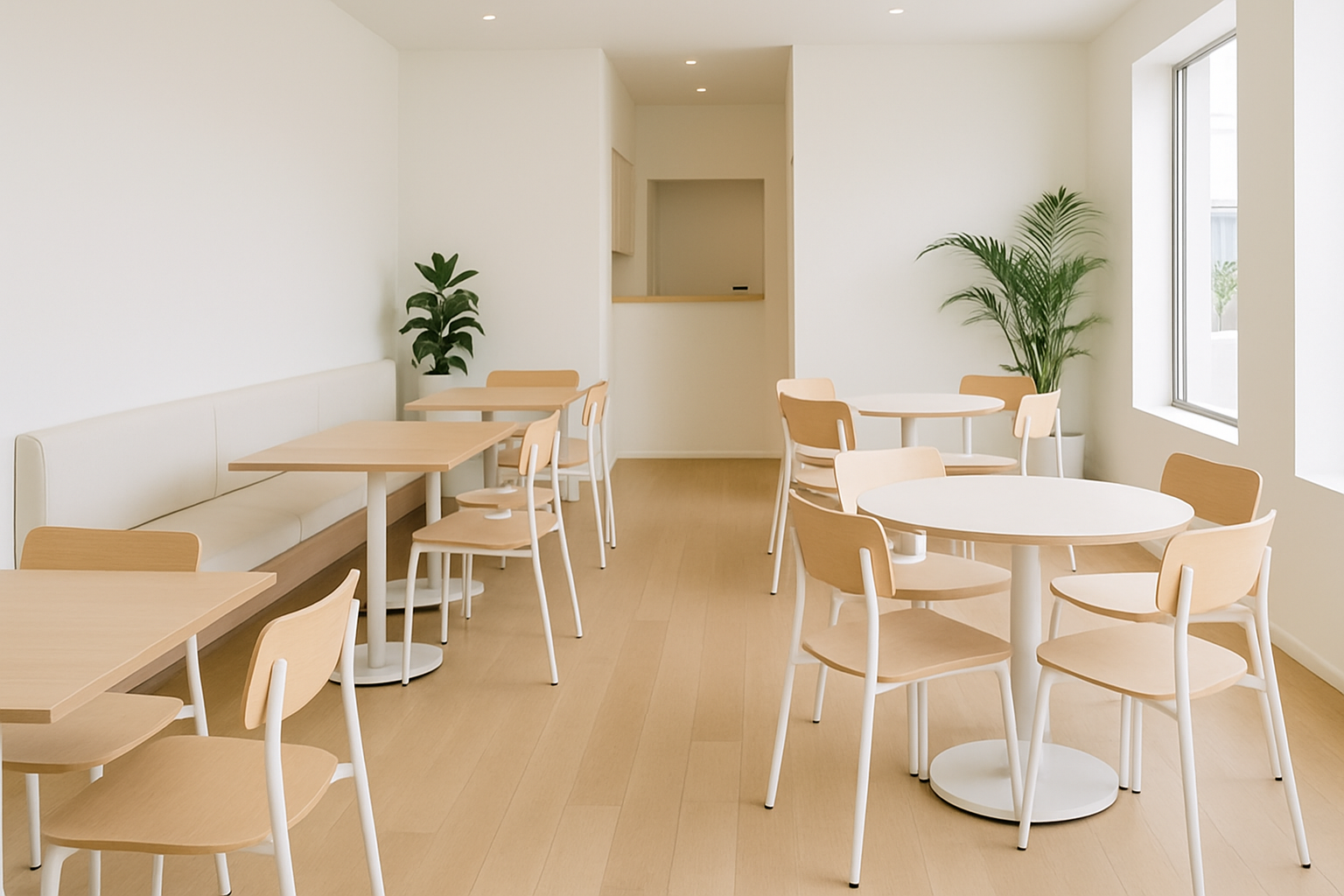 a collection of square and round 4-seater dining sets in a bustling cafe