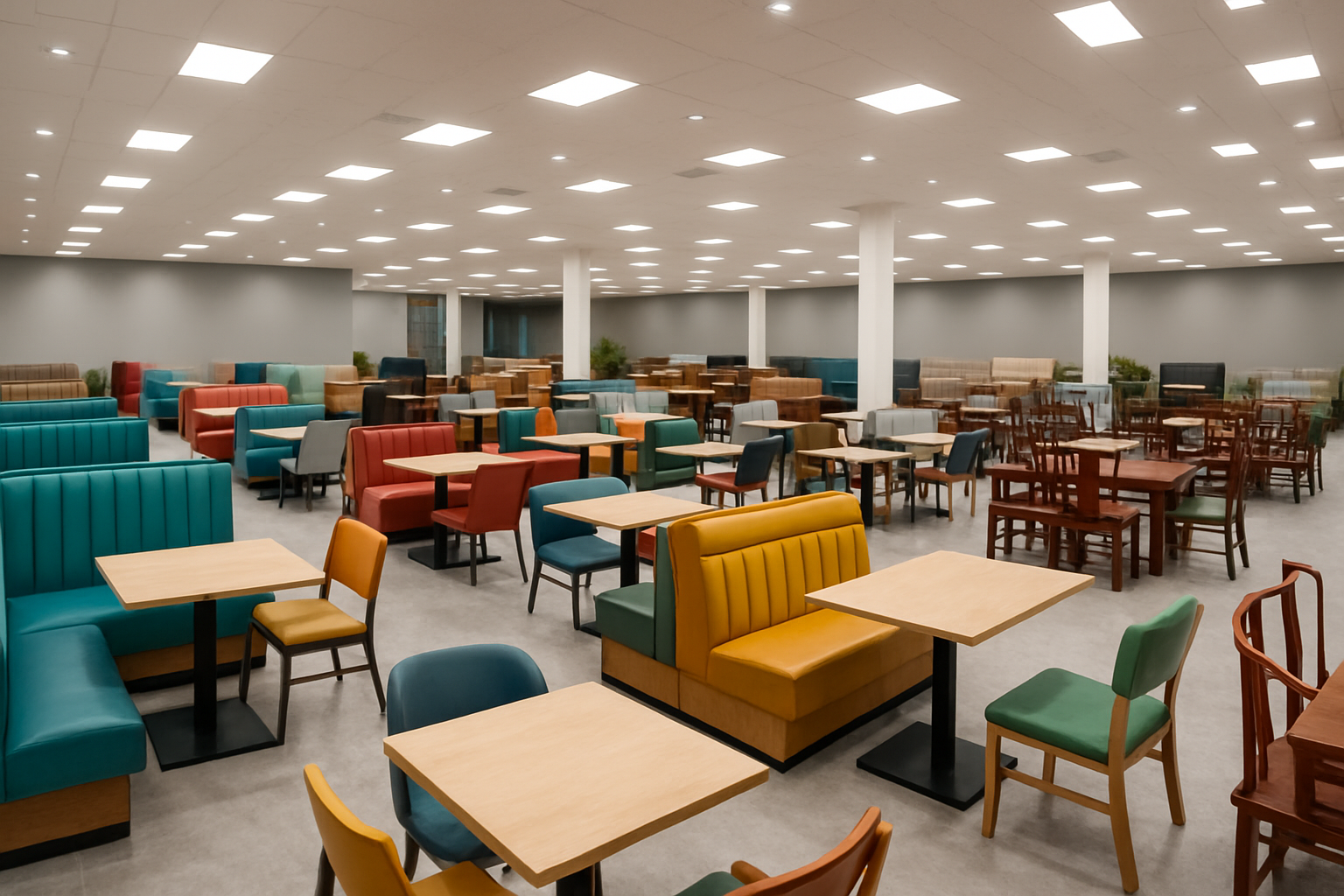 a curated selection of commercial-grade chairs and tables in a modern restaurant design showroom