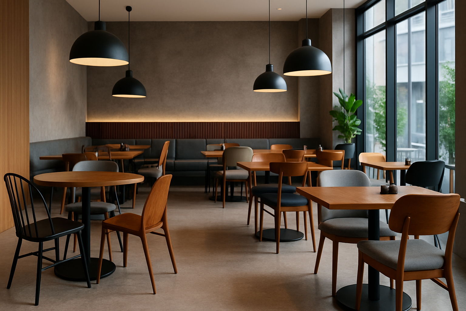 A variety of commercial-grade dining chairs in a modern restaurant setting