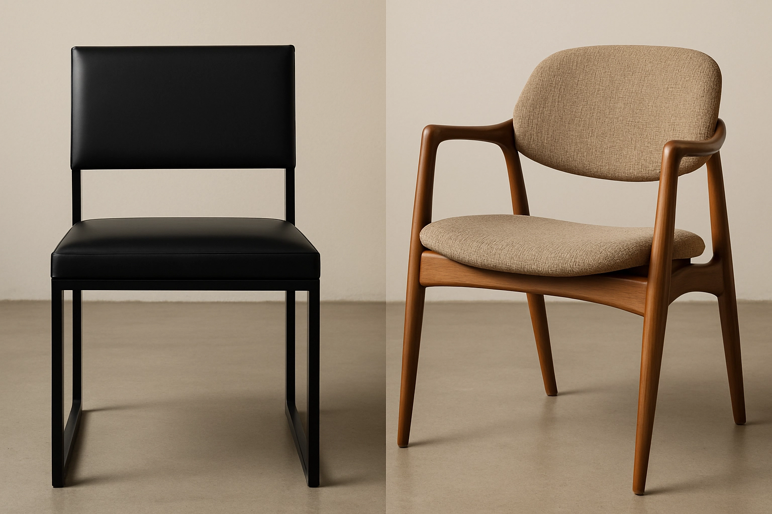 A side-by-side image comparing a stark, geometric Modern chair with a warmer, organically shaped MCM chair