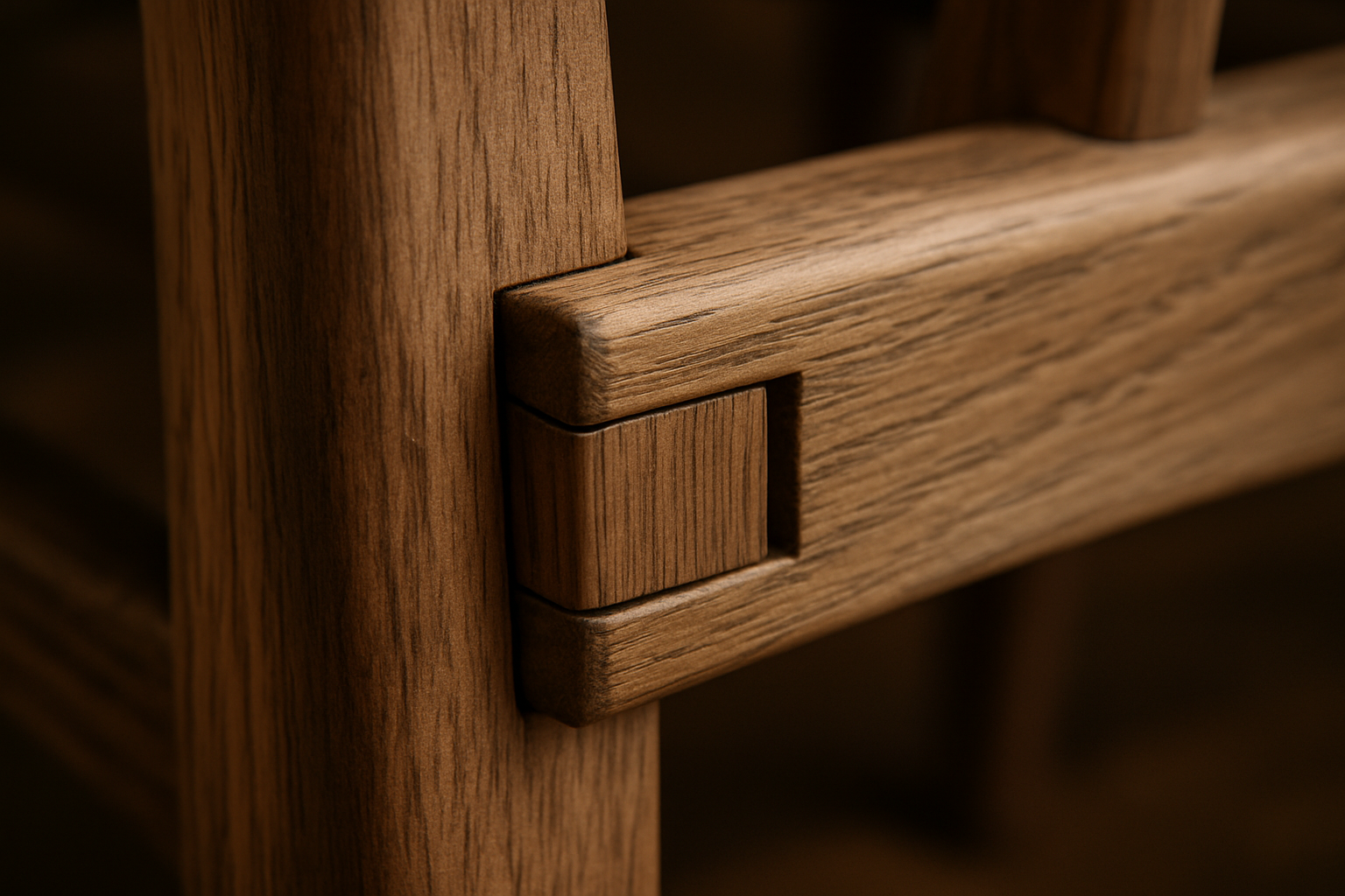 a close-up shot of the strong mortise-and-tenon joint on a commercial-grade solid wood dining chair