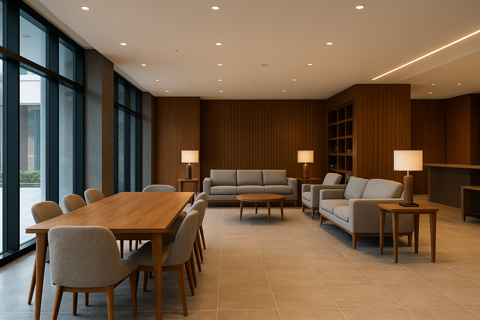 An open-plan living and dining area where the wood of the dining table coordinates with the legs of the living room sofa