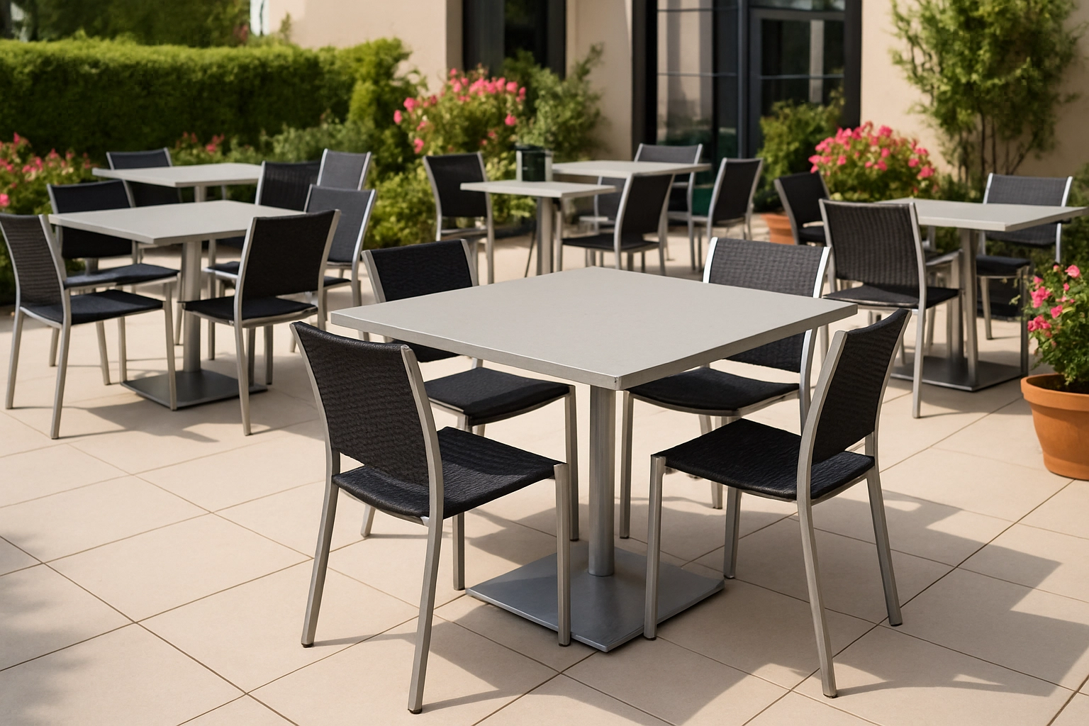 outdoor restaurant tables with HPL tops on weighted aluminum bases
