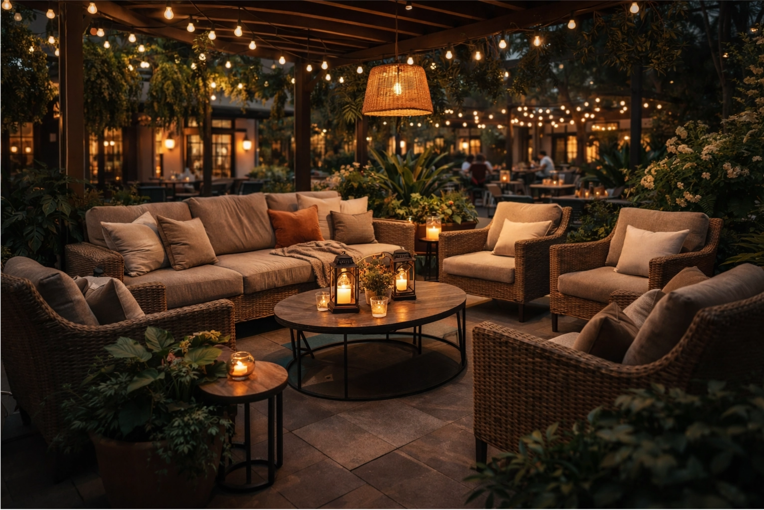 a comfortable outdoor lounge area with a sofa, armchairs, and fire pit at a restaurant
