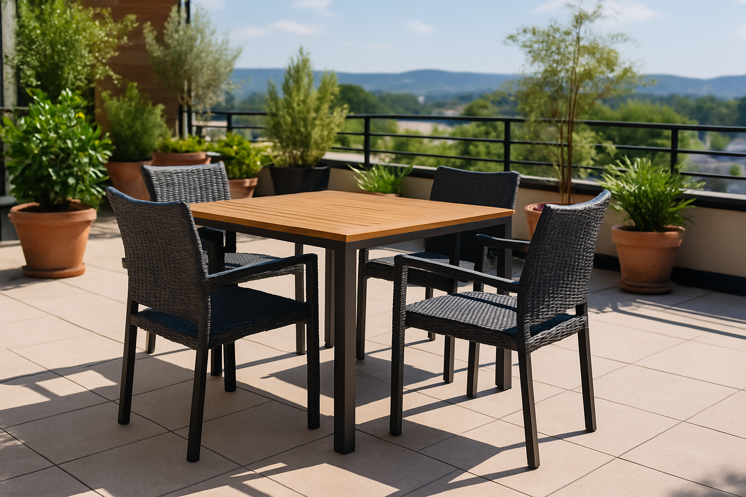 a stylish and durable patio dining set on a restaurant terrace