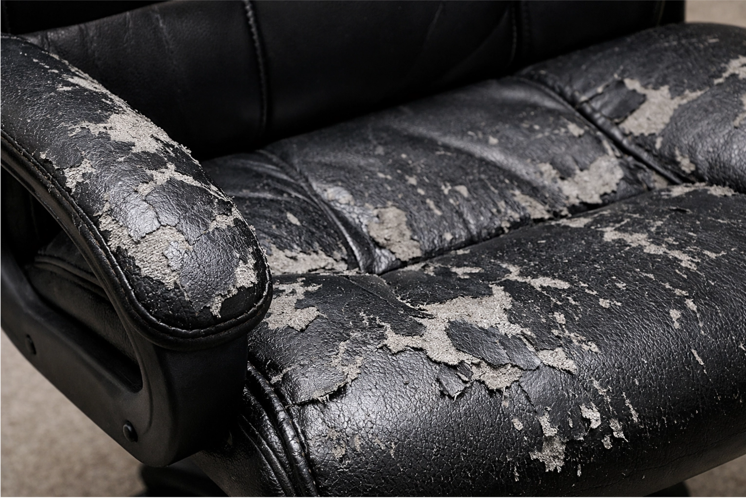 An office chair made of faux leather showing significant peeling on the seat and armrests