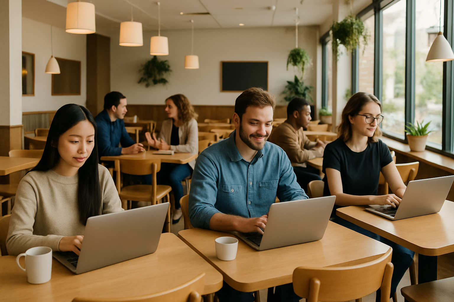 a restaurant dining area being used for a co-working setup during the afternoon