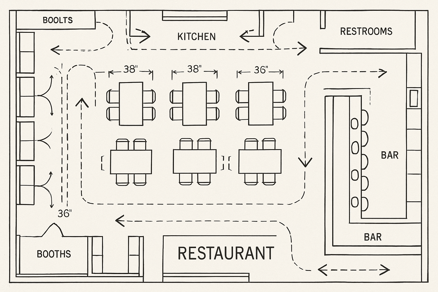 a floor plan of a restaurant layout showing proper spacing and traffic flow