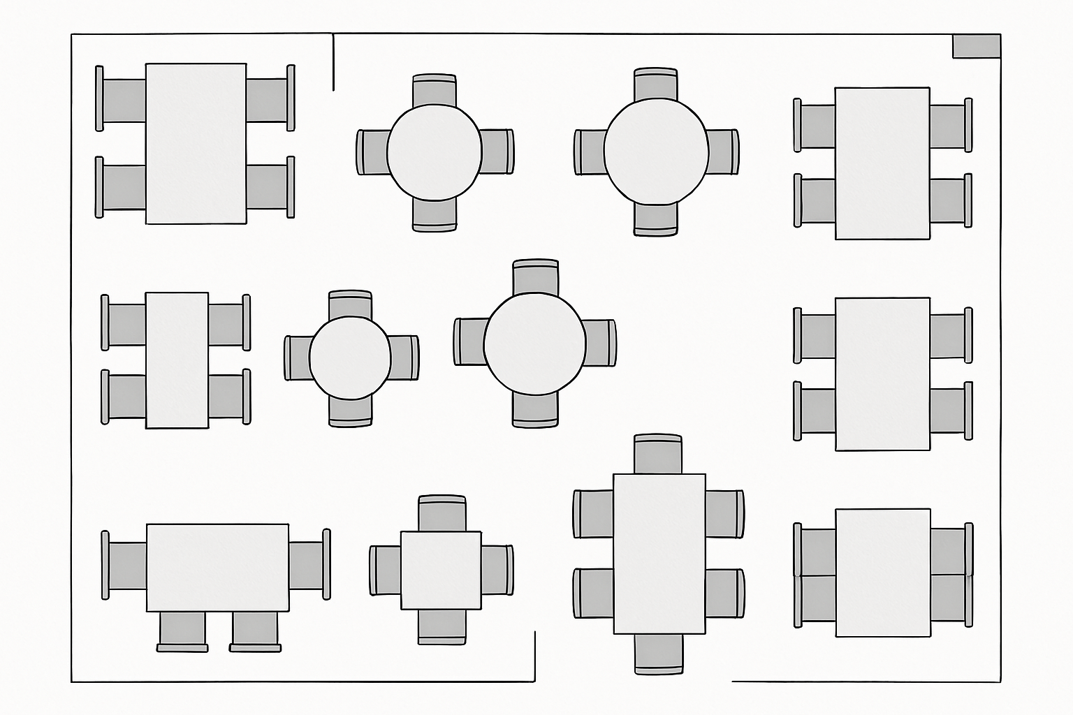 An overhead view of a well-planned restaurant floor showing a mix of square, round, and rectangular tables