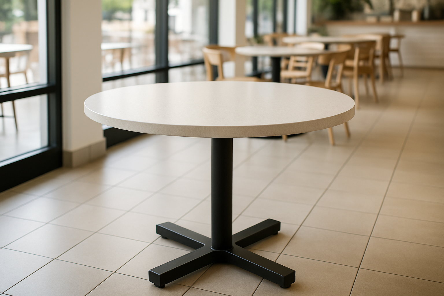 a high-quality round kitchen table with a durable top in a bright cafe setting