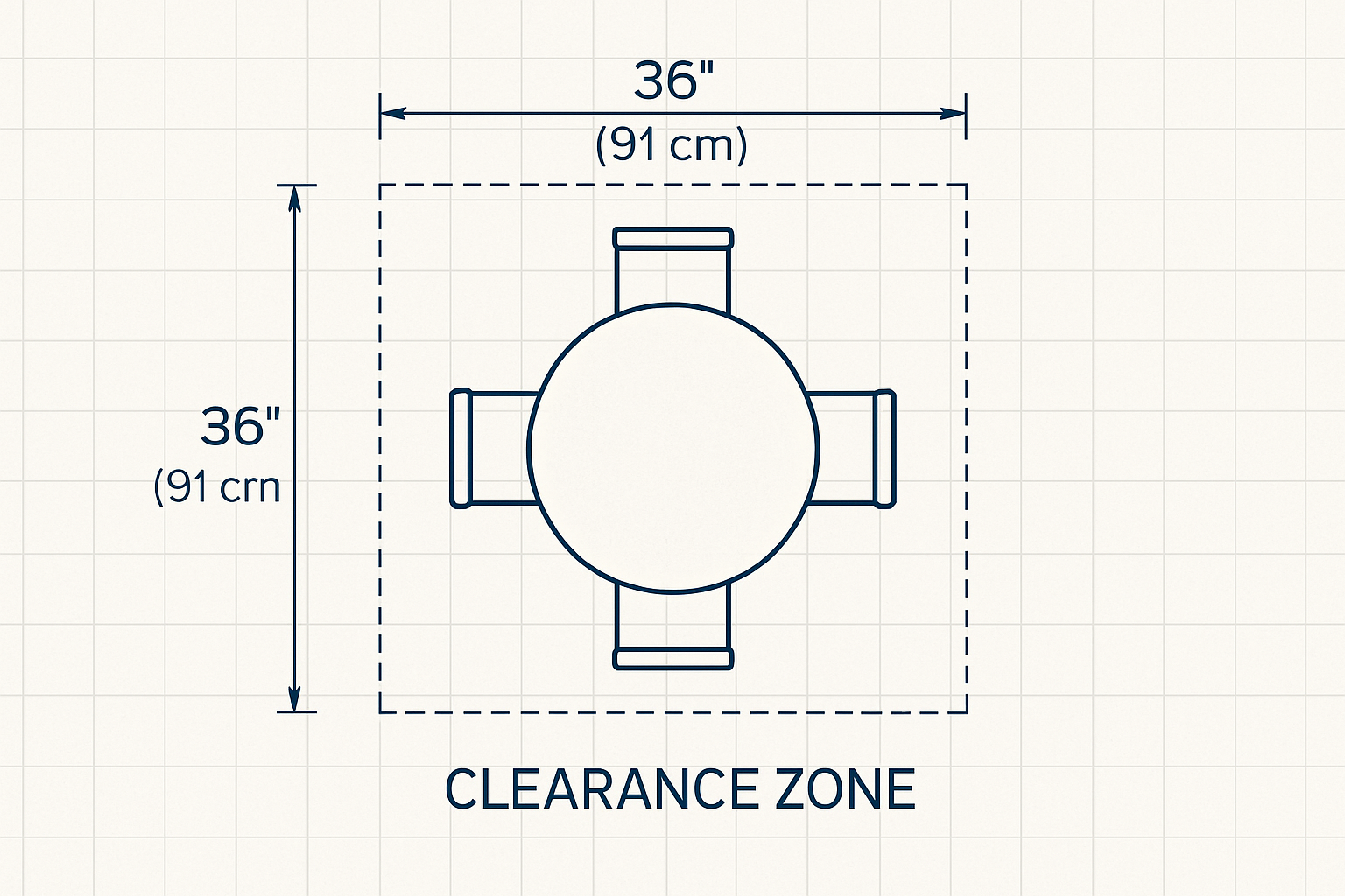 a floor plan diagram showing a round table with the recommended 36-inch clearance on all sides
