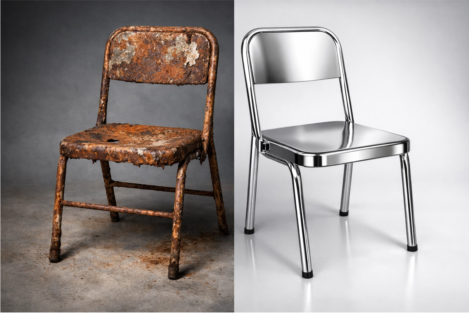 a split image showing a rusted, weathered chair next to a pristine 304 stainless steel chair