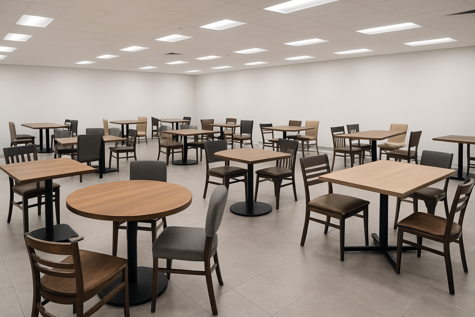a collection of durable and stylish commercial dining room sets in a restaurant showroom