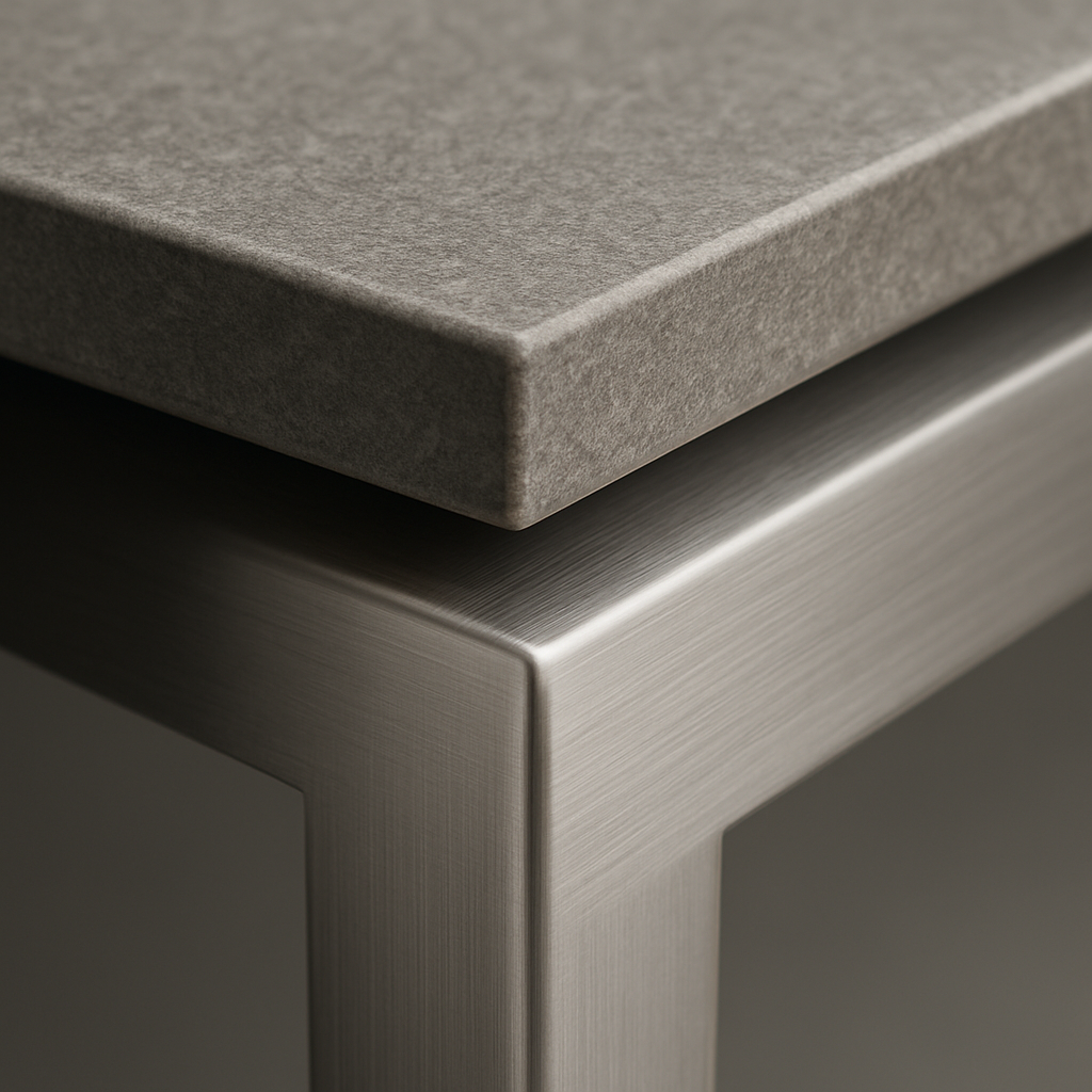 sintered stone tabletop with a brushed stainless steel base