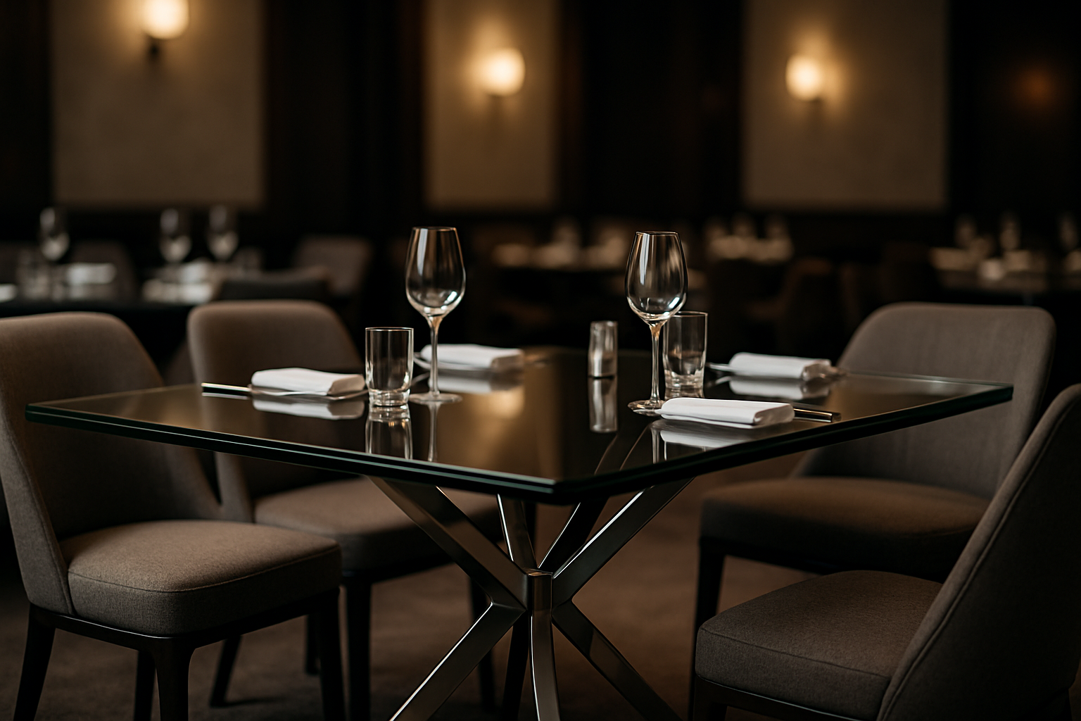 A sleek glass dining table in a quiet, upscale restaurant setting