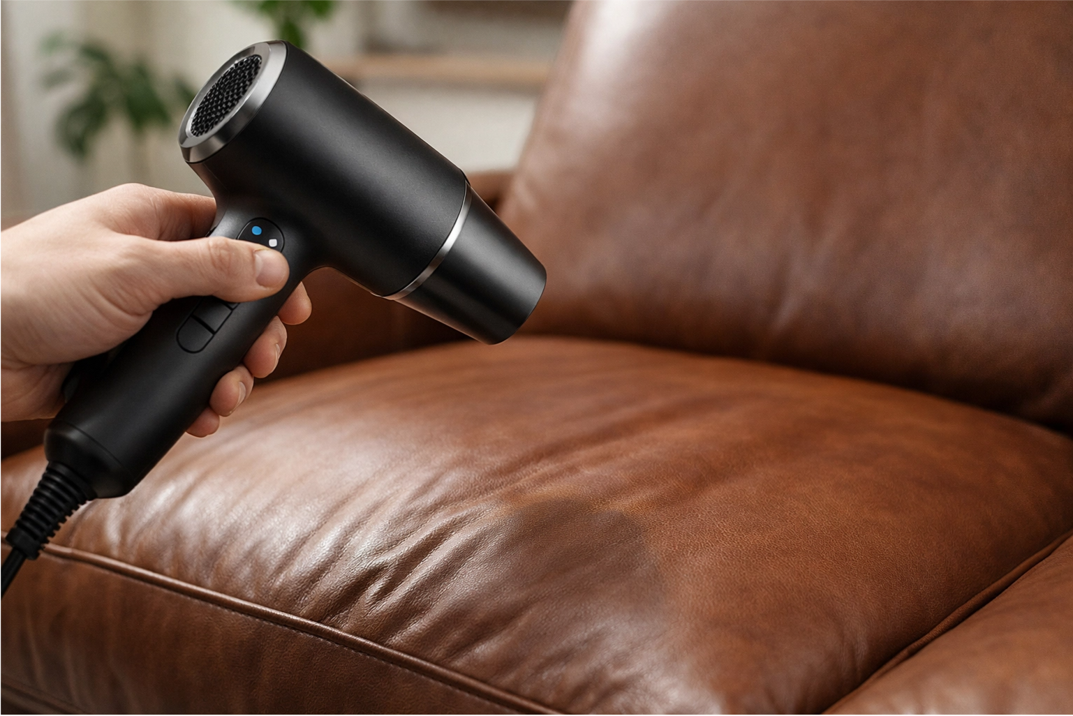 A person carefully using a hairdryer on a low setting to smooth out wrinkles on a leather seat cushion