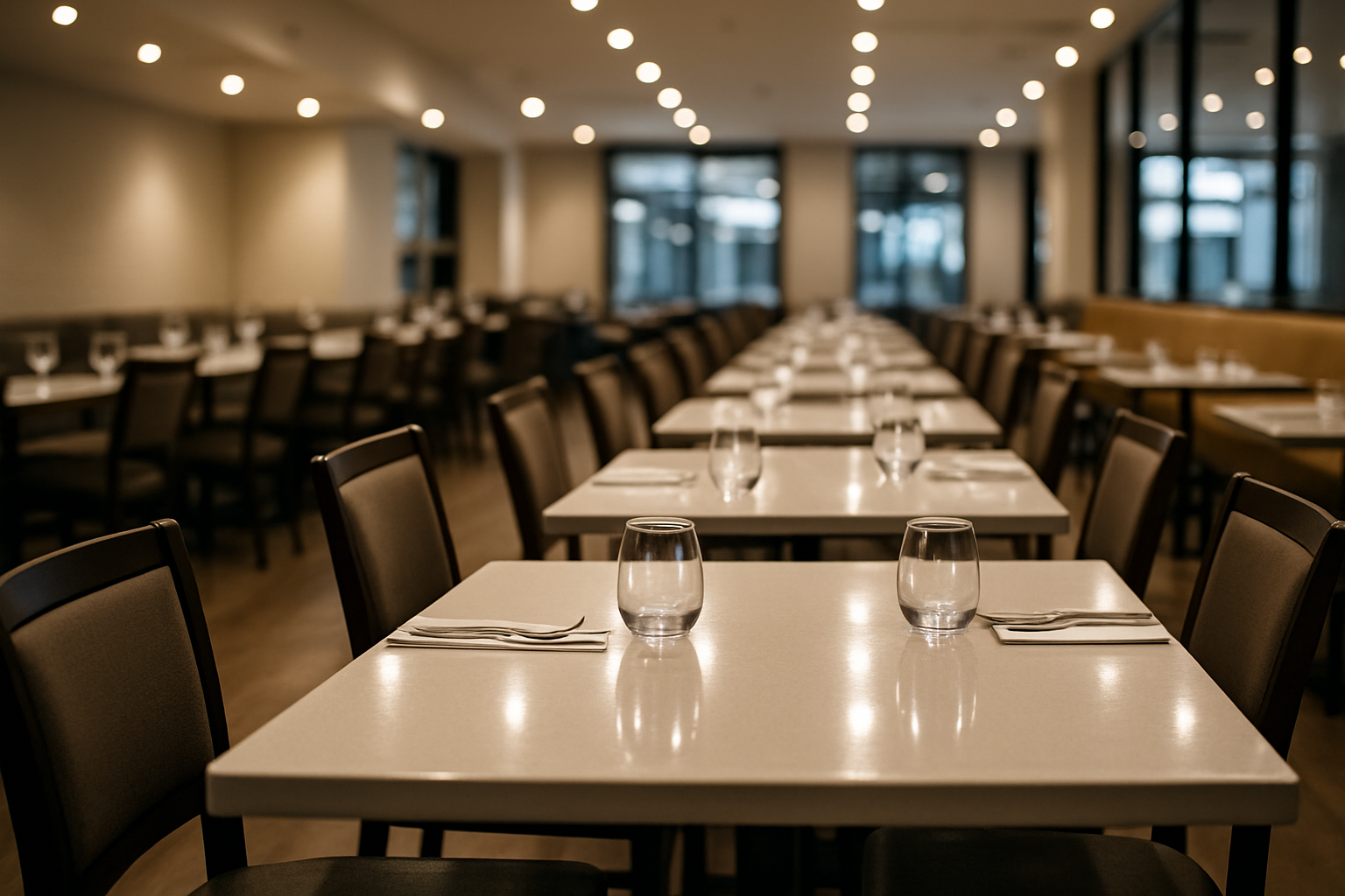 A row of sparkling clean dining tables in a well-lit restaurant