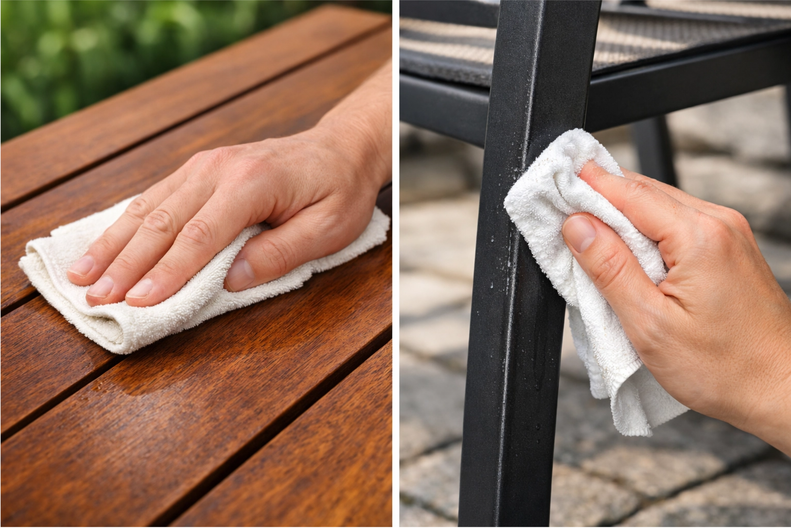 A split-screen image showing a hand cleaning a wooden surface and another cleaning a metal chair leg
