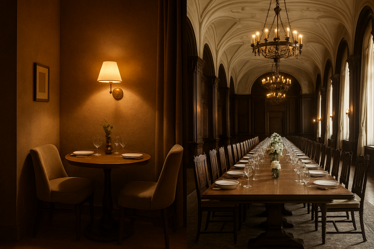 a split image showing a round table in a small, cozy dining nook and a long rectangular table in a larger dining hall