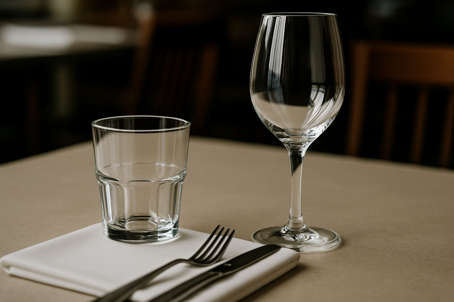 A restaurant table setting showing sturdy, elegant glassware suitable for commercial use