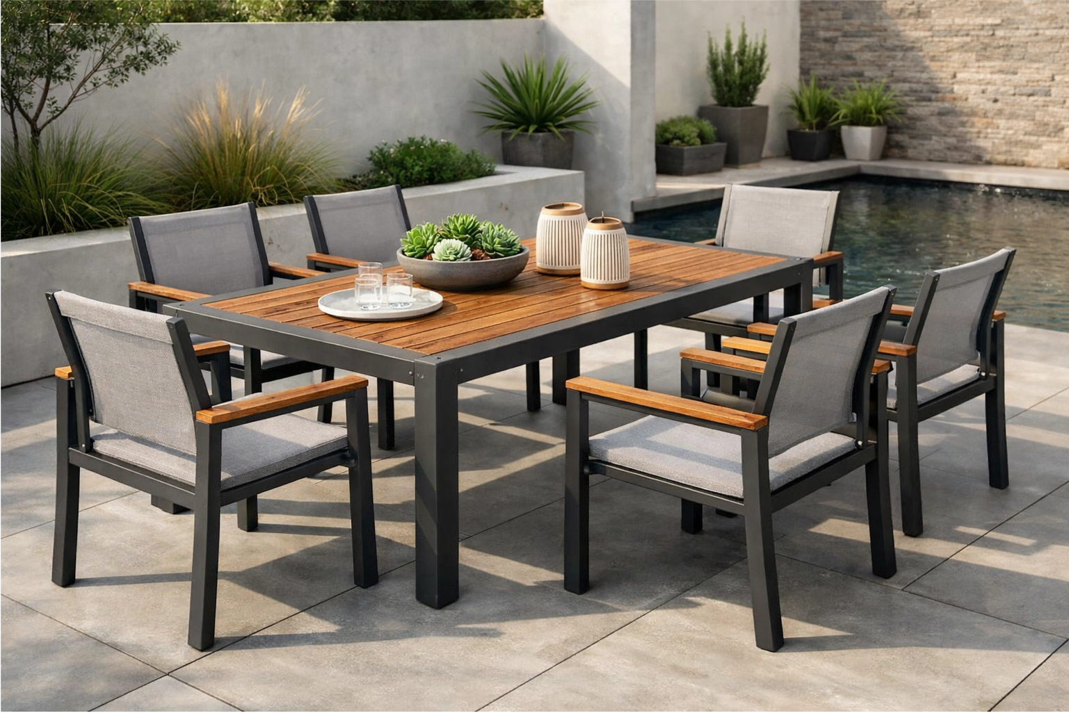 A stylish and durable outdoor dining set on a modern patio