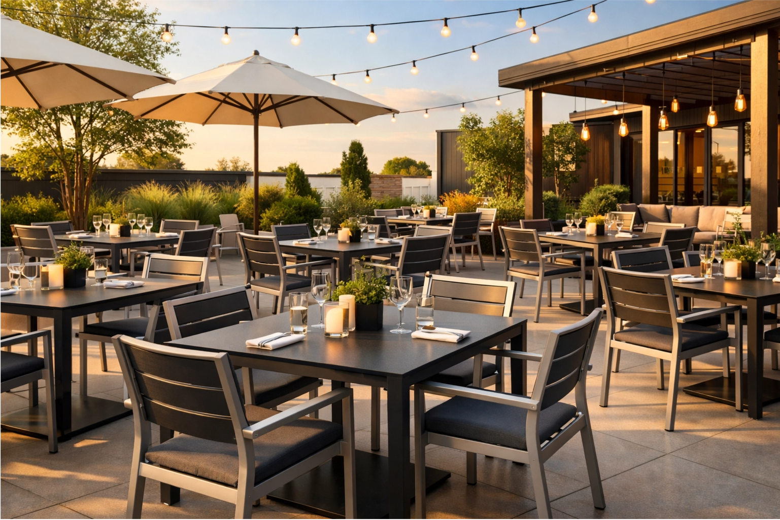 a stylish outdoor restaurant patio with matching HPL tables and aluminum chairs