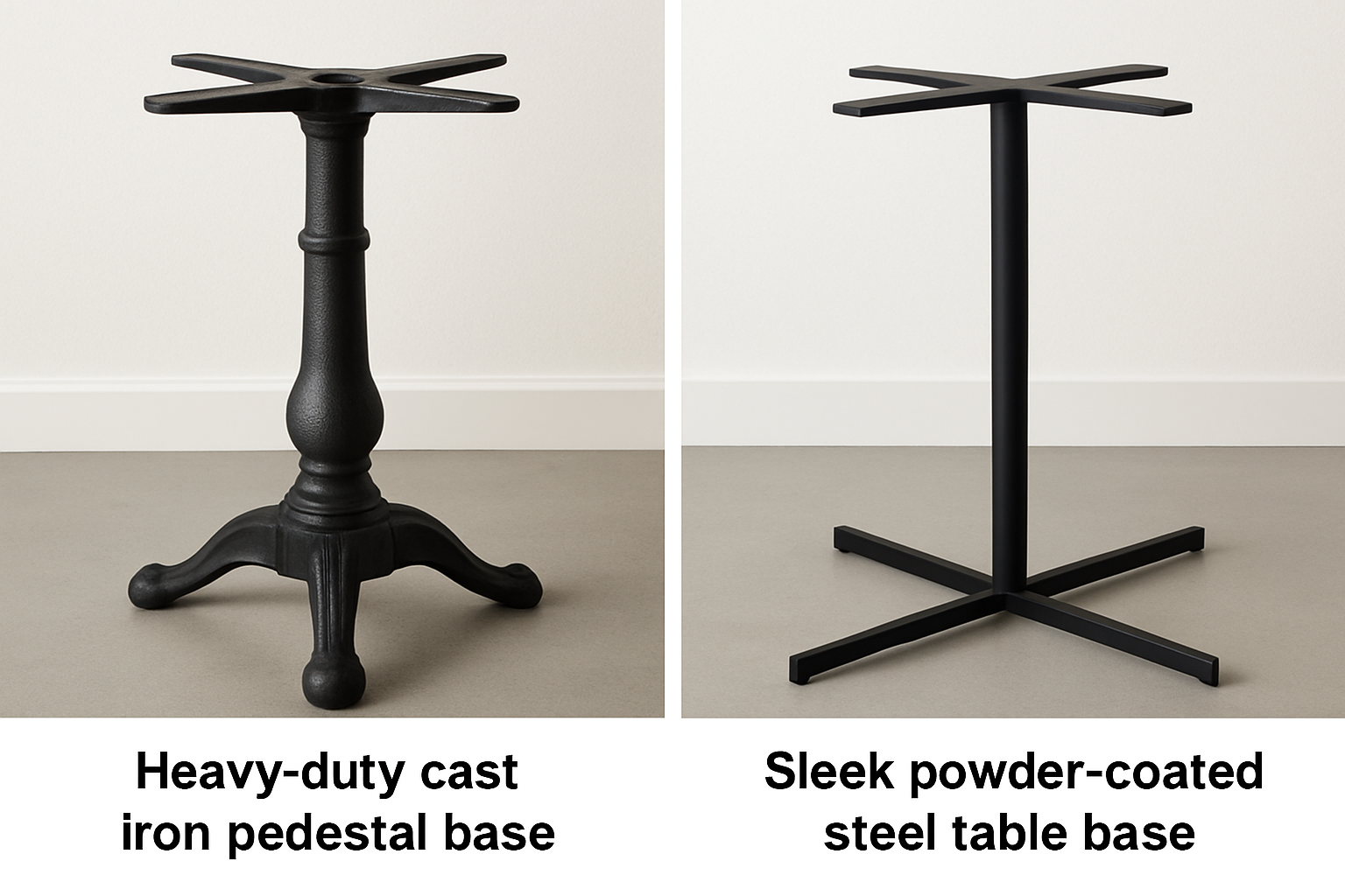 a heavy-duty cast iron pedestal base next to a sleek powder-coated steel table base