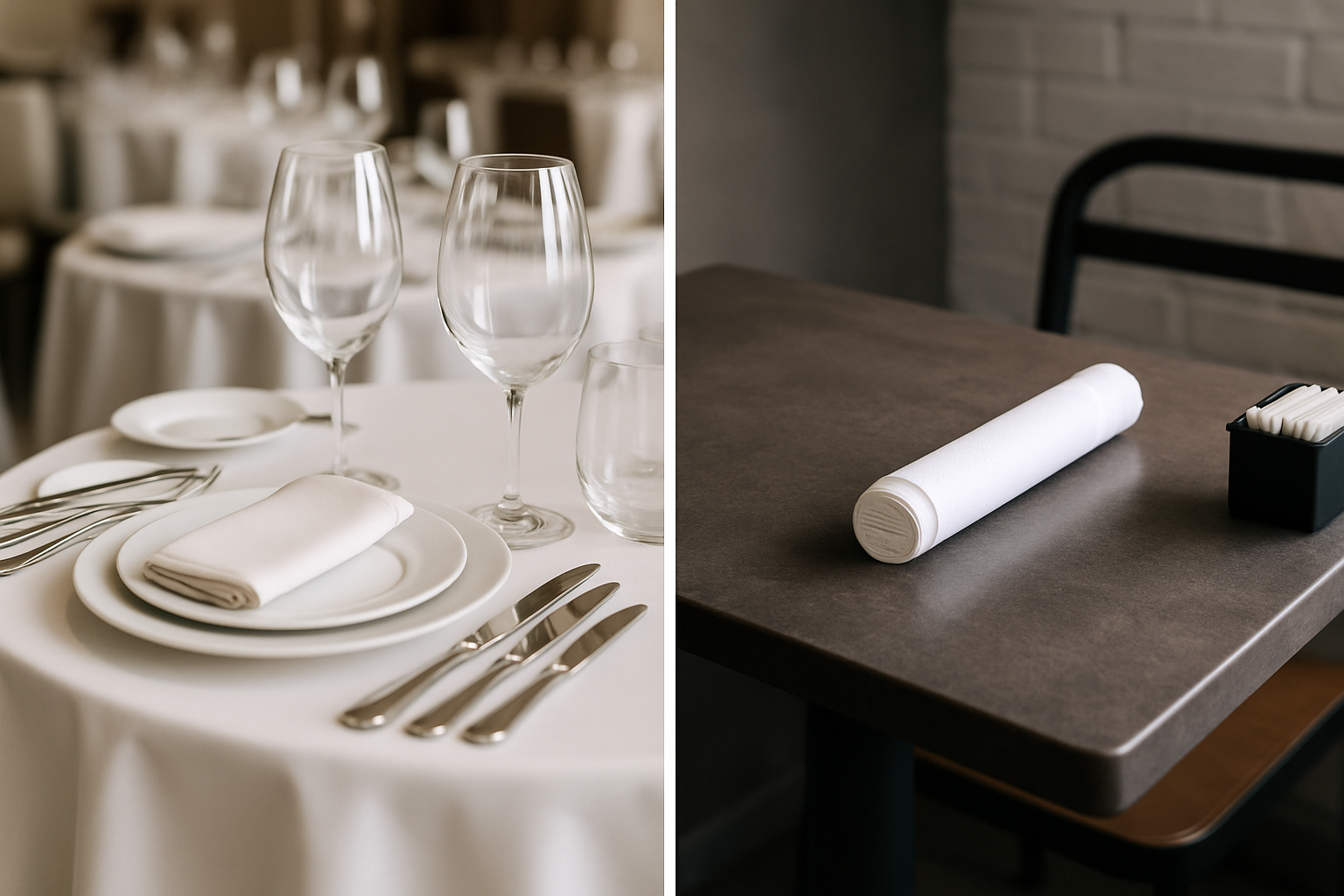 a comparison of a fully set fine-dining table and a minimalist cafe table with a simple napkin roll