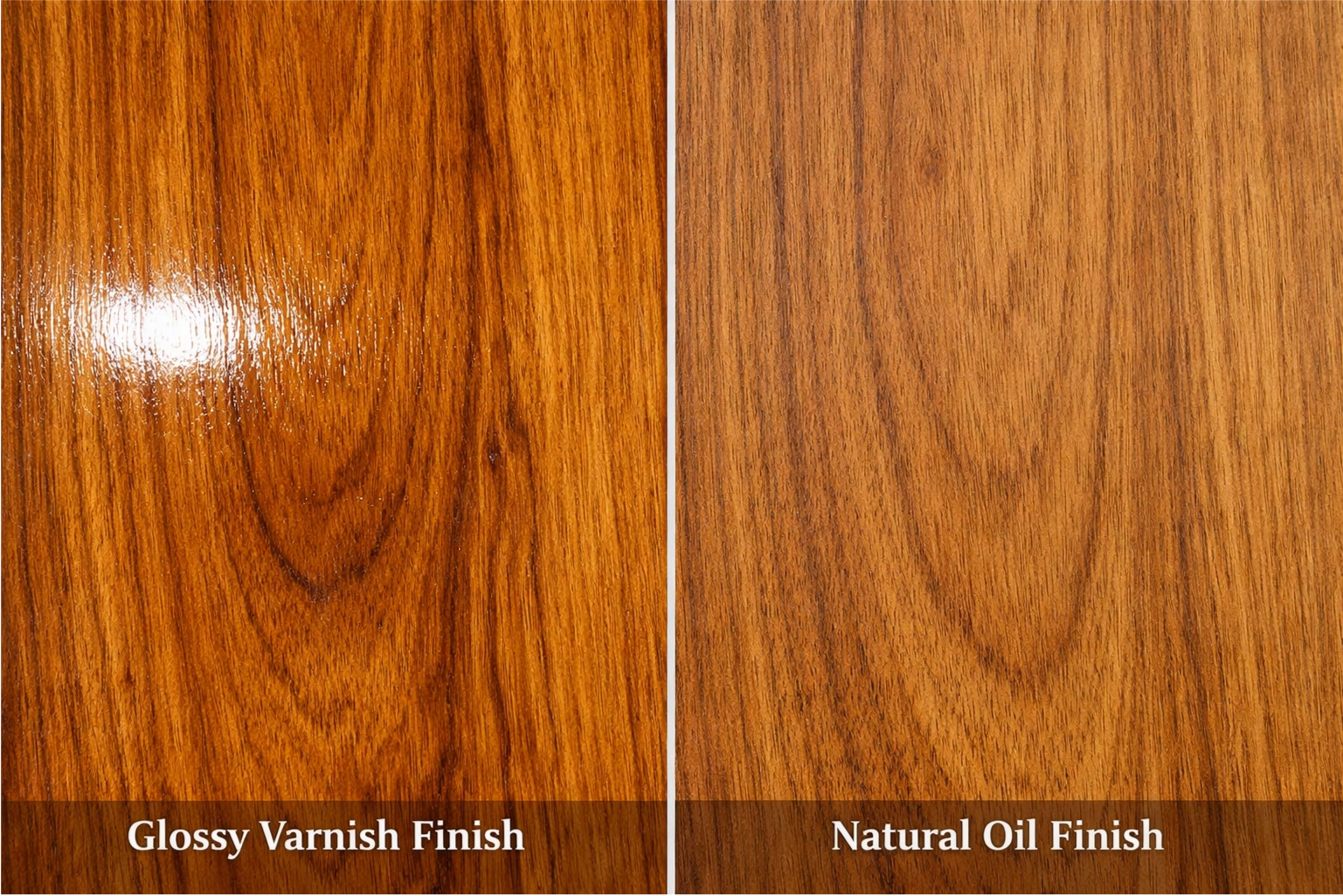 A side-by-side comparison of a glossy varnish finish and a natural oil finish on teak wood