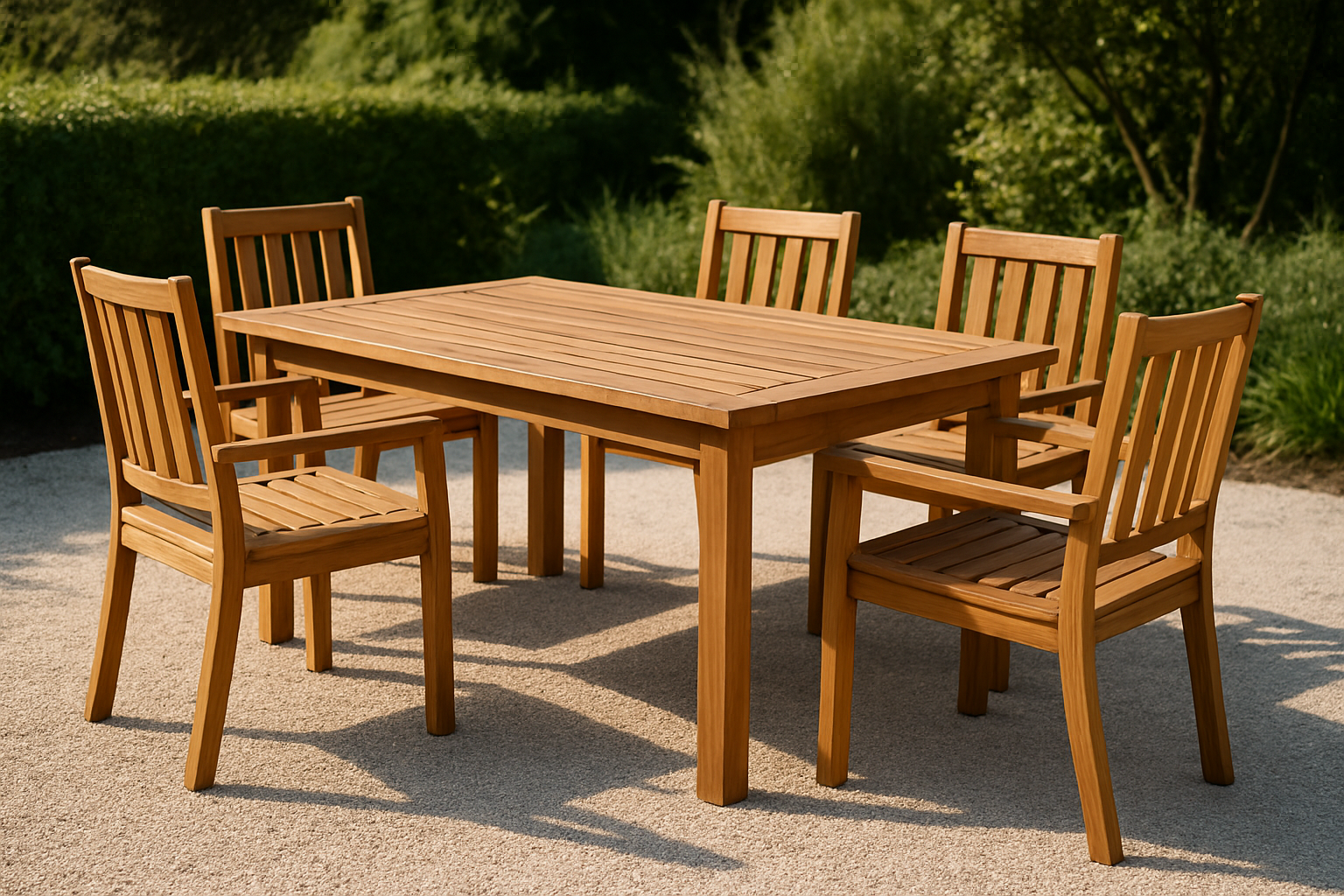teak dining table and chairs on a gravel patio