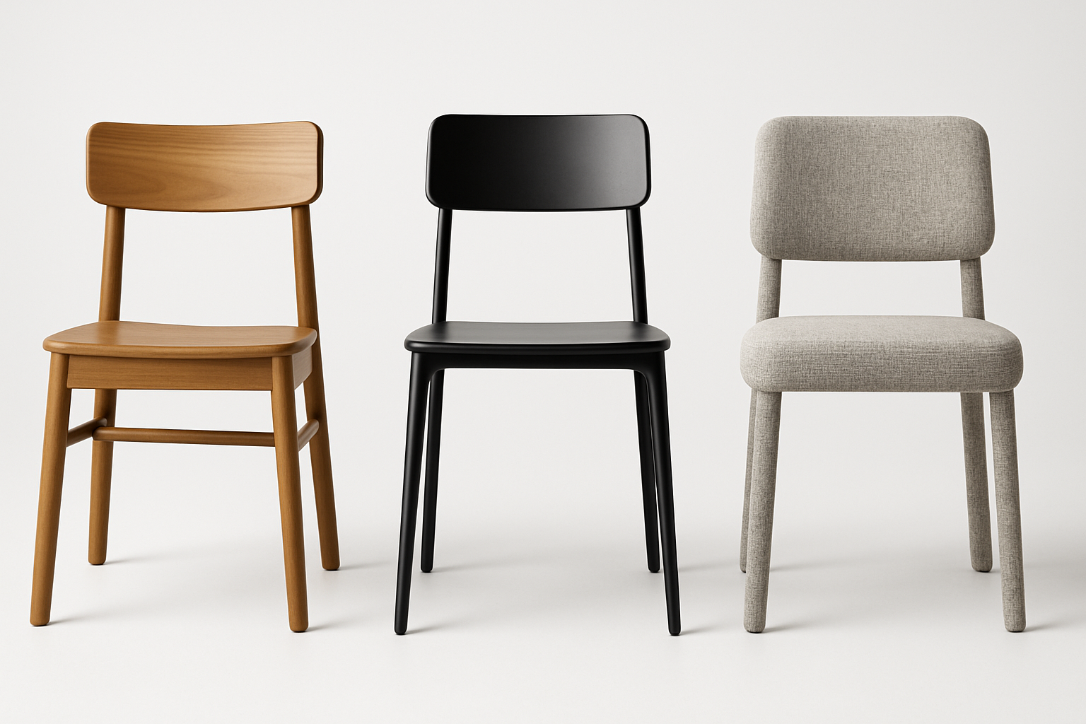 A lineup of three chairs made of different materials: wood, metal, and fabric