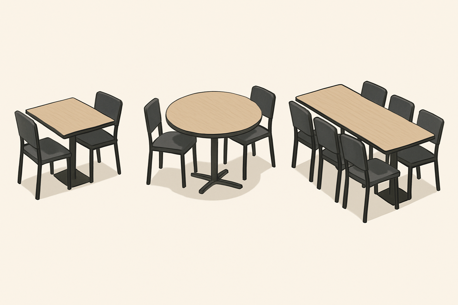 A display showing three common table shapes: a square two-top, a round four-top, and a rectangular six-top