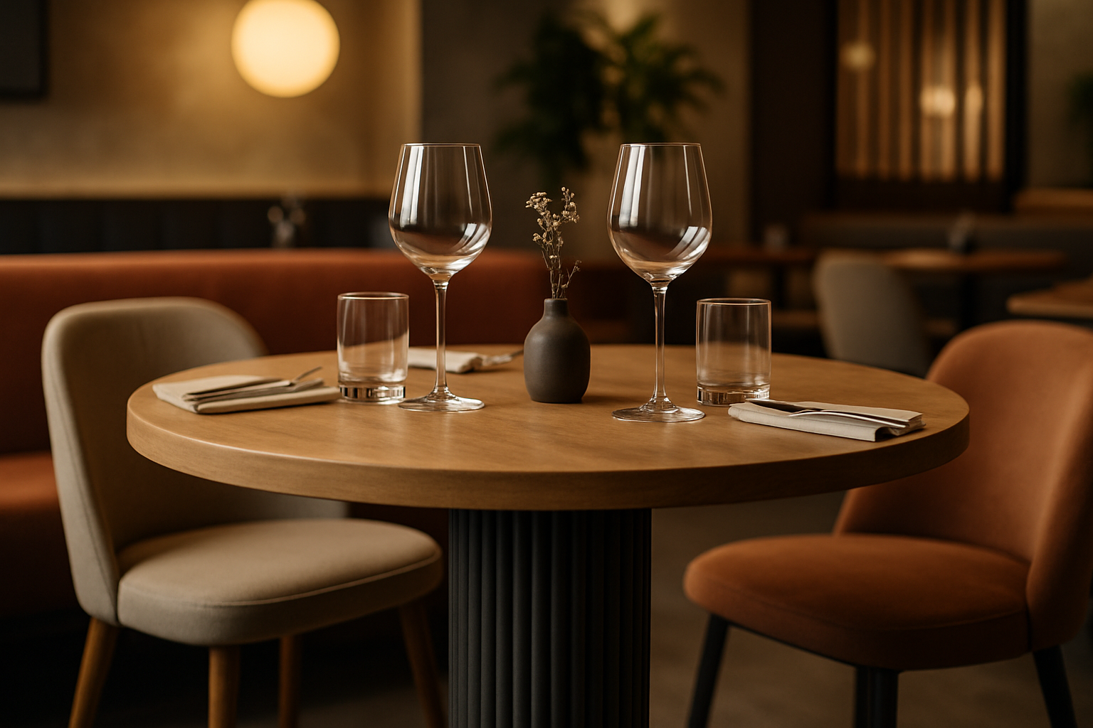 a trendy restaurant interior featuring a dining table with a fluted base and natural wood top