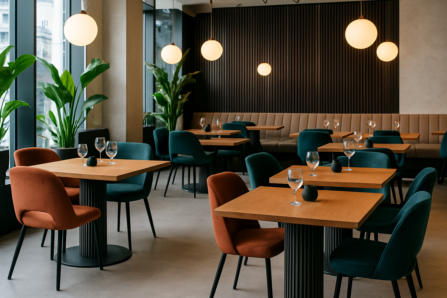 a trendy restaurant featuring dining tables with fluted pedestal bases and natural wood tops