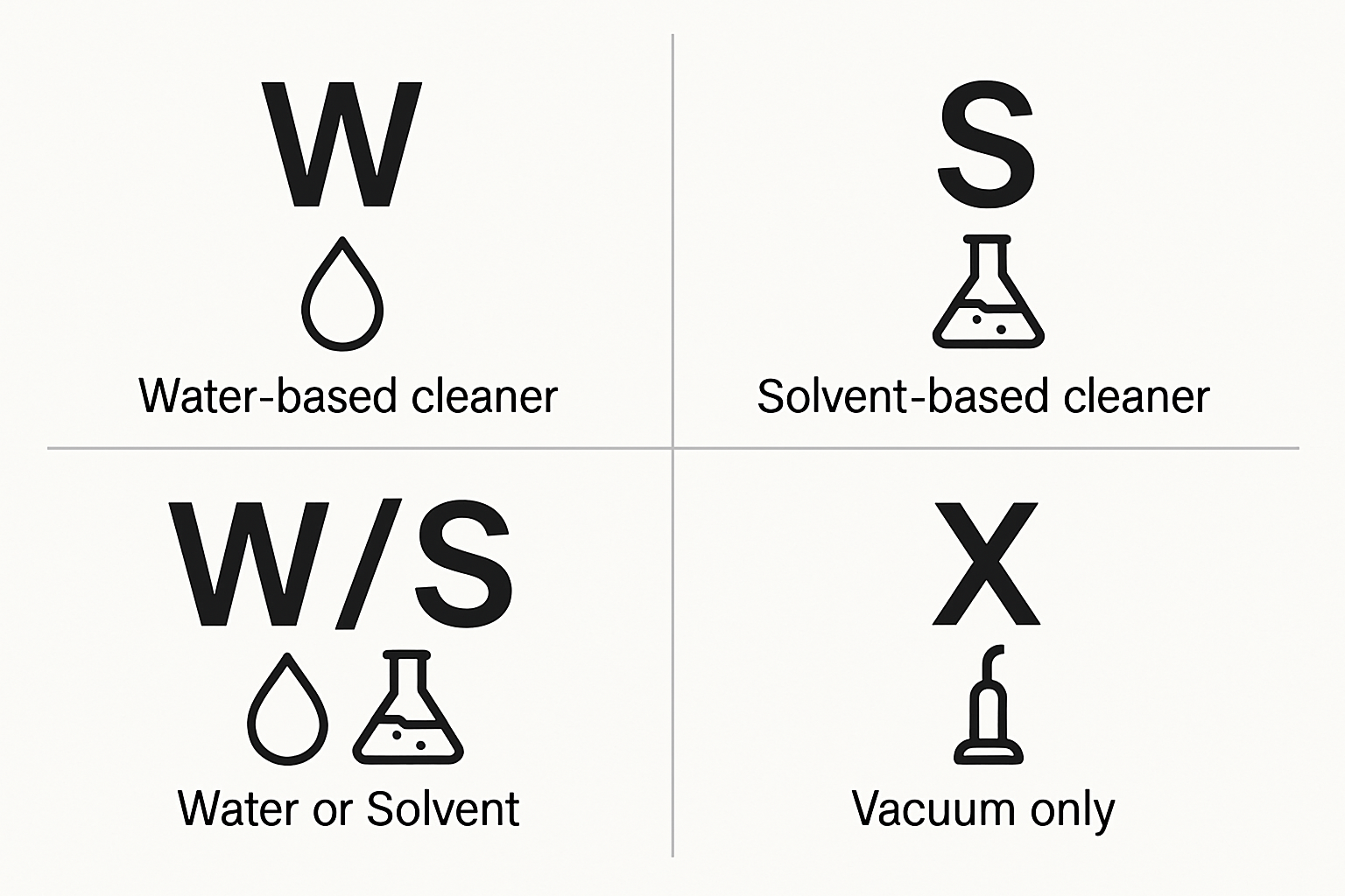 An infographic showing the four standard upholstery cleaning codes W, S, W/S, and X with simple icons