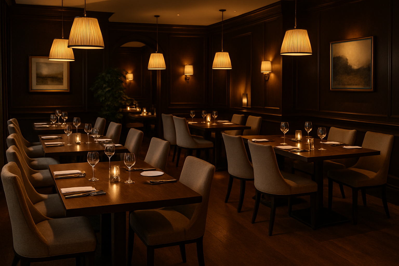 an upscale restaurant dining room with solid wood tables and upholstered chairs
