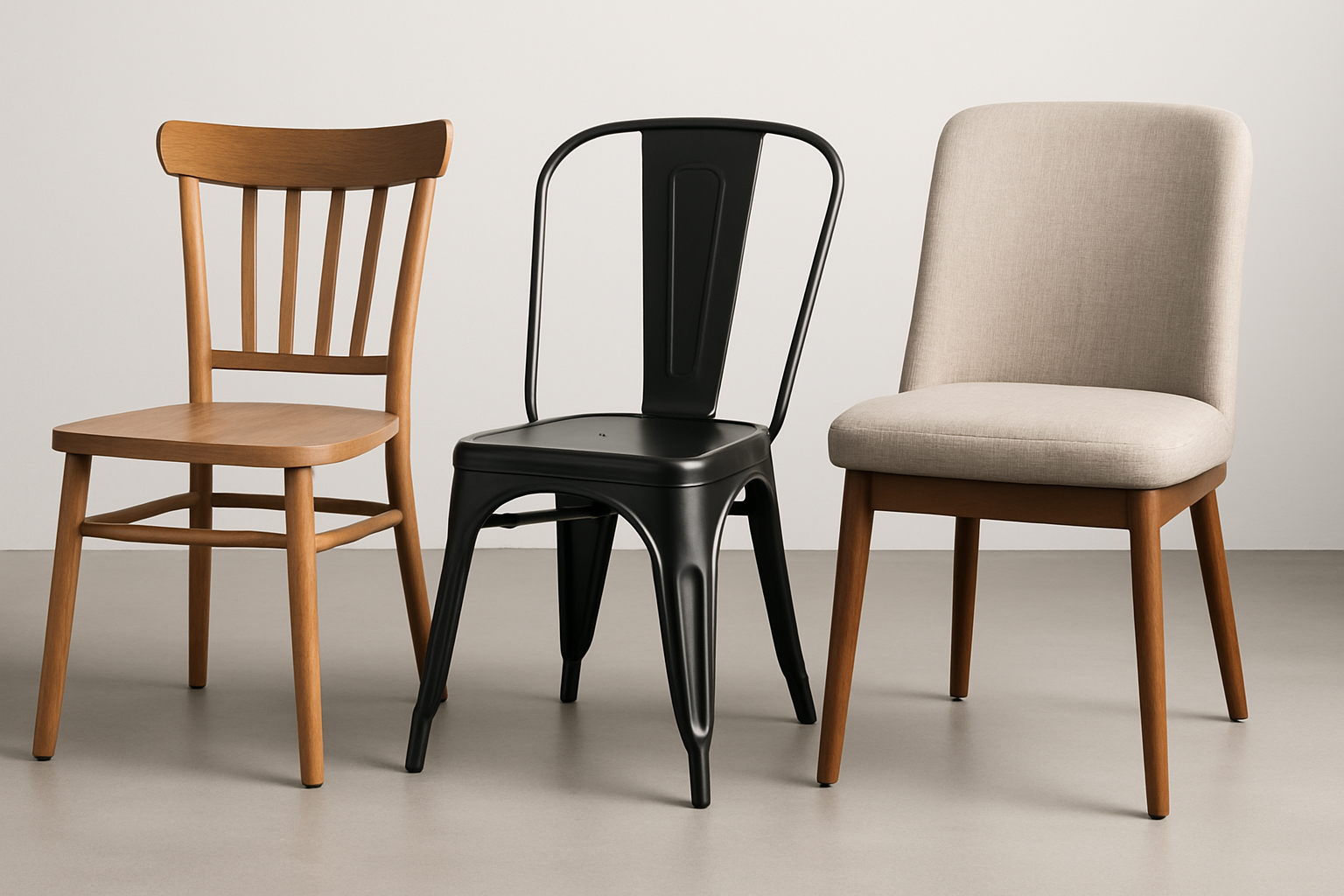 a variety of commercial dining chairs including wood, metal, and upholstered styles