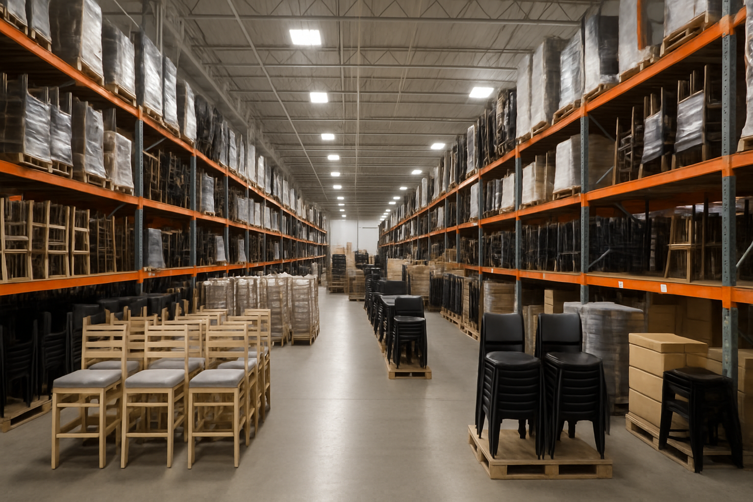 a warehouse full of stacked commercial-grade dining chairs ready for shipment